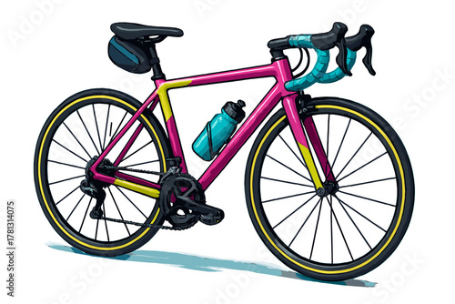 Vibrant pink and yellow high-performance road racing bicycle with turquoise accessories