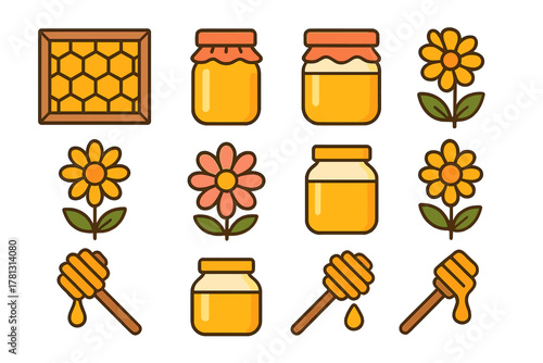 Sweet natural honey elements set featuring jars, wooden dippers, beehive frame, and blooming flowers