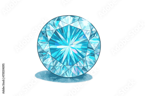 Sparkling blue round brilliant cut diamond or precious gemstone isolated on white