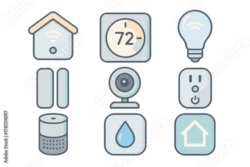 Set of smart home technology icons featuring thermostat, security camera, light bulb, and voice assistant devices