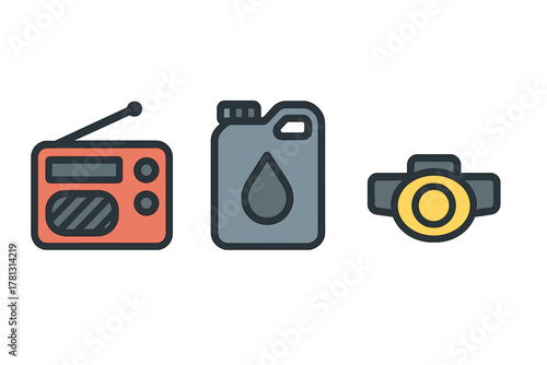Essential gear icons: Portable radio, fuel container, and headlamp for outdoor preparedness