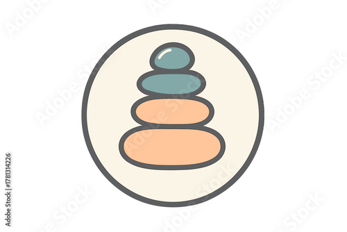 Minimalist balanced river stones stacked vertically inside a circular frame symbolizing zen and harmony
