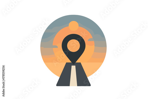 Stylized navigation pin icon above asphalt road leading towards warm sunset sky