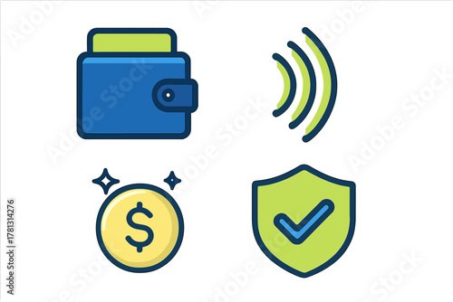 Set of financial security icons including wallet contactless payment dollar coin and protection shield