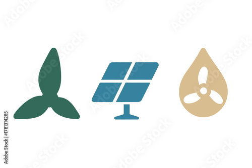 Modern symbols for clean energy generation: wind, photovoltaic solar, and hydro power