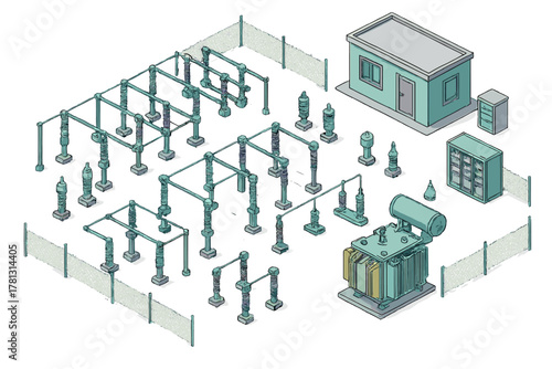 Isometric view of an electrical power substation with transformer, switchgear, and control building components