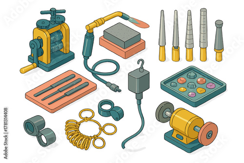 Jewelry making tools and equipment set including rolling mill, soldering torch, ring mandrels, and gemstones