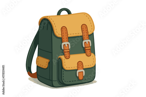 Vintage style green and yellow hiking backpack with leather straps and metal buckles