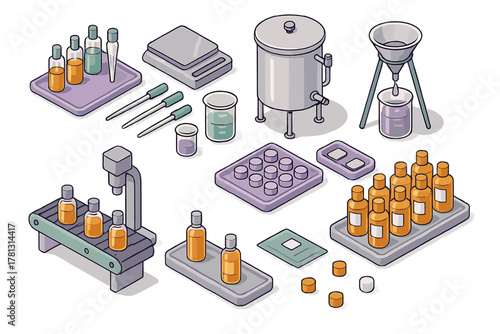 Isometric icons of laboratory and manufacturing equipment for chemical and pharmaceutical production