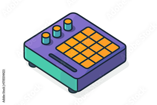 Colorful isometric music production equipment featuring drum pads and control knobs for beat making