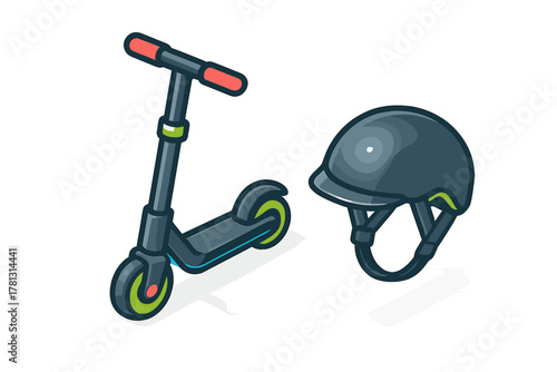 Modern electric scooter and protective helmet isolated on white background