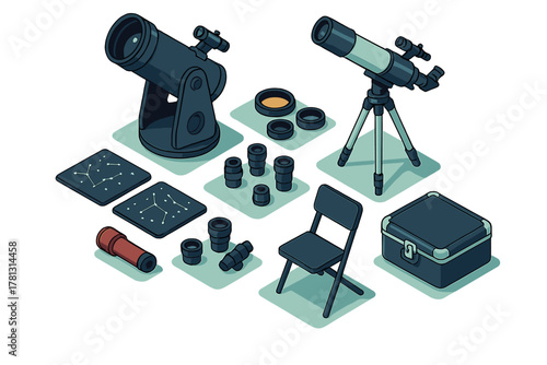 Essential equipment for amateur astronomy including telescopes, accessories, and constellation guides