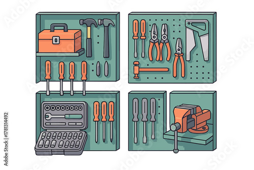Workshop equipment setup featuring toolbox, hammers, screwdrivers, pliers, saw, and vise grip