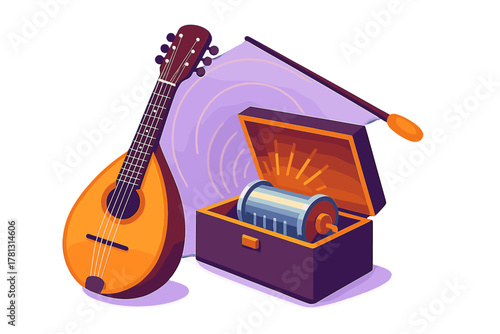 Traditional mandolin and antique mechanical music box with a conductor's baton