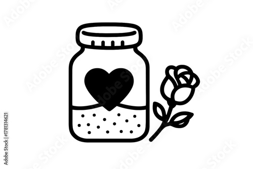 Black and white line art of a jar containing a heart symbol next to a rose