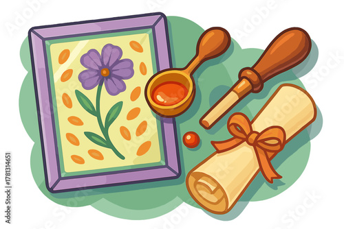 Stylized still life with framed flower picture, wooden spoon, carving tool, and parchment scroll