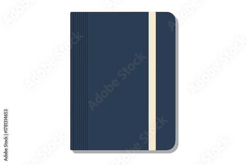 Closed dark blue notebook or journal with rounded corners and beige elastic band closure