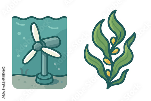 Set of icons showing submerged hydrokinetic turbine and natural aquatic plant life