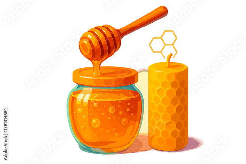Golden honey dripping from a wooden dipper into a glass jar beside a textured beeswax candle