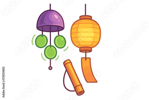 Traditional Japanese wind chime and glowing paper lantern on white background