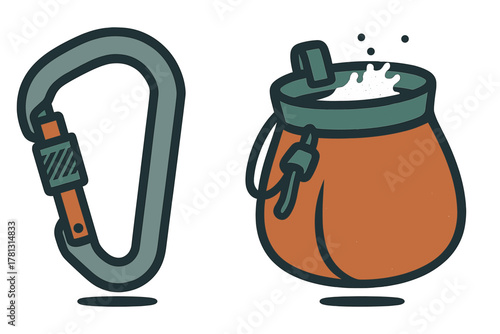 Essential rock climbing equipment set featuring a locking carabiner and an open chalk bag