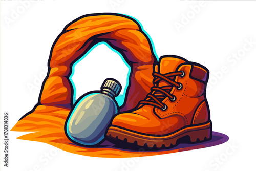 Hiking boot and water bottle resting near a natural sandstone arch in the desert landscape