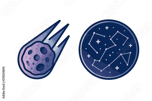 Stylized icons of a cosmic meteoroid falling and a celestial constellation map in deep space