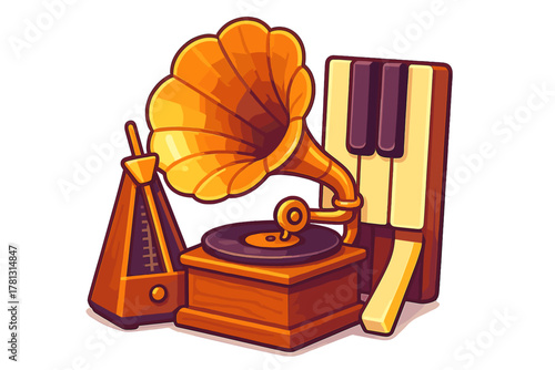 Vintage musical instruments collection featuring a gramophone, metronome, and piano keys