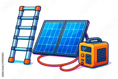 Compact solar power station setup with a folding photovoltaic panel and an aluminum ladder