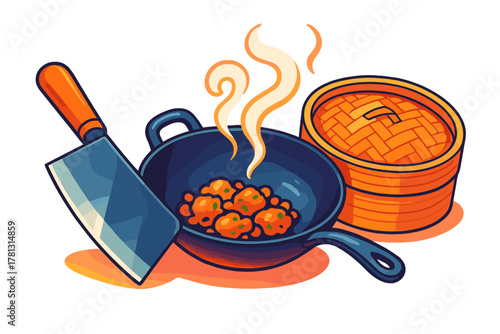 Asian cooking scene with hot food in a wok, a kitchen cleaver, and a traditional bamboo steamer