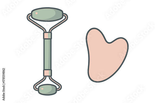 Skincare beauty tools set featuring a jade roller and a pink Gua Sha massage stone