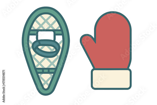 Set of essential winter sports equipment featuring a traditional snowshoe and a warm red knitted mitten