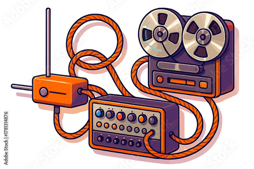 Retro reel-to-reel recorder and mixing console connected by bright orange cables
