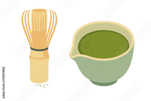 Japanese green tea ceremony set with bamboo whisk and bowl of prepared matcha