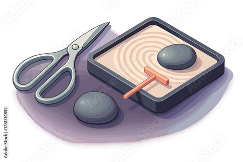 Sharp metal scissors contrasting with peaceful miniature Zen garden featuring stones and raked sand