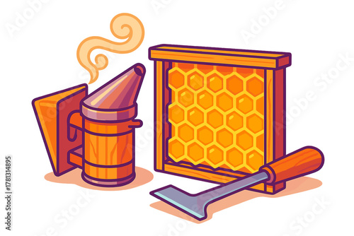 Essential beekeeping tools set with smoking smoker, honeycomb frame, and hive tool