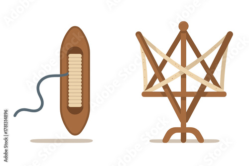 Traditional wooden tools used for weaving and spinning yarn including a boat shuttle and a swift