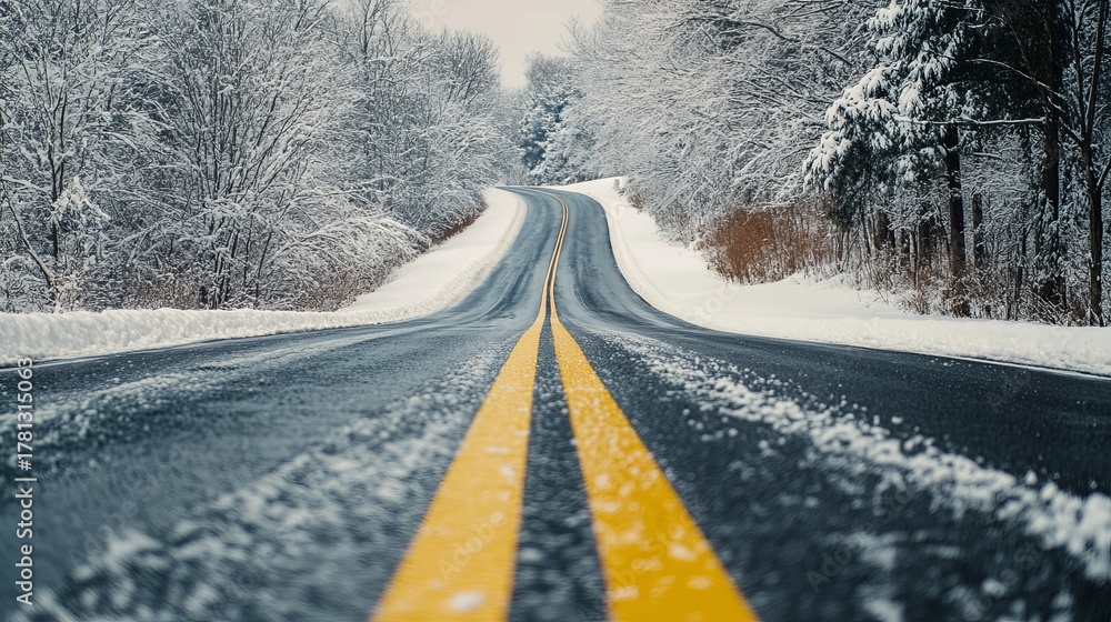 Fototapeta premium Drive through a captivating winter wonderland landscape with snow-covered trees lining the winding road ahead, perfect for travel inspiration