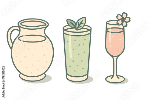 Pastel colored drinks set featuring a pitcher, a healthy green smoothie, and a celebratory pink cocktail