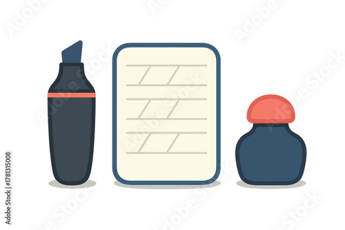 Essential writing and drawing supplies collection featuring marker, notepad, and ink bottle