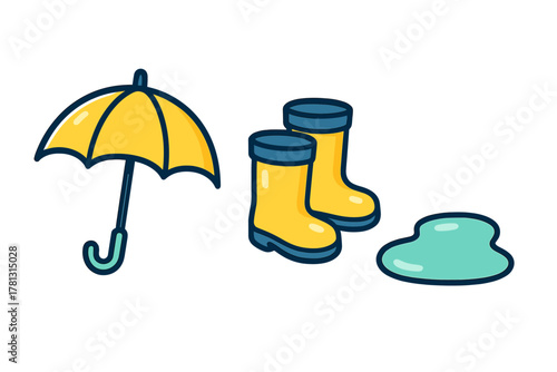 Bright yellow umbrella and rubber boots beside a blue puddle for wet weather
