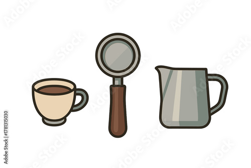 Essential coffee equipment set featuring a full cup, espresso machine portafilter, and metal frothing pitcher