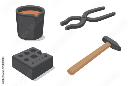 Isometric set of metal casting and jewelry making tools including crucible, tongs, hammer, and dapping block