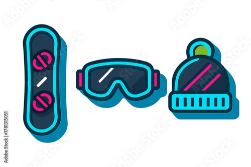 Colorful set of winter sports accessories including a snowboard, protective goggles, and a knit cap