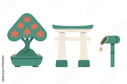 Japanese cultural symbols including bonsai tree, Torii gate, and bamboo water fountain
