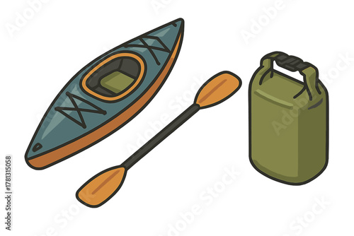 Essential kayaking gear set featuring boat, double paddle, and waterproof storage sack