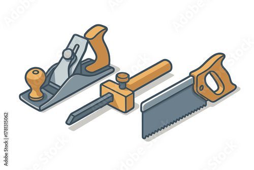 Essential carpentry tools set with hand plane, marking gauge, and handsaw in isometric view