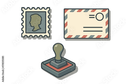Retro postage stamp airmail envelope and rubber seal icon set for communication