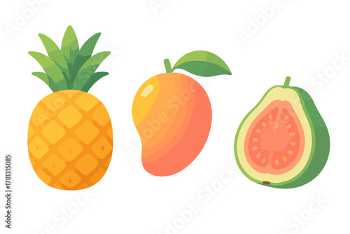 Whole pineapple, ripe mango, and pink guava cross section in a vibrant tropical fruit set