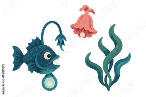 Deep sea anglerfish with glowing lure and marine plants rendered in layered paper cut style